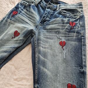 Forever 21 Blue Slim Jeans with Red Heart Embroidery